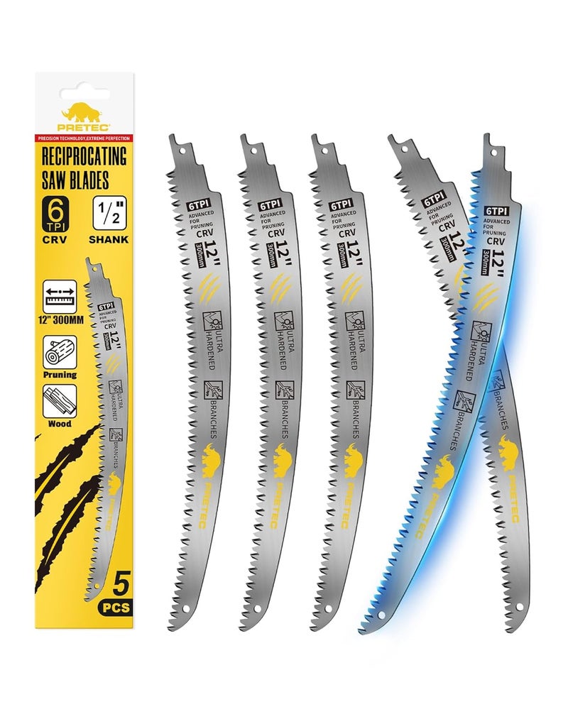 PRETEC Japanese Teeth Reciprocating Saw Blades 12 Inch, Arc Edge Wood Pruning Reciprocating Saw Blades 6TPI Tree Trimming, Wood Cutting, Cr-V Reciprocal Saw Blades Better Wear Resistance, (5 Pack) - Image 1